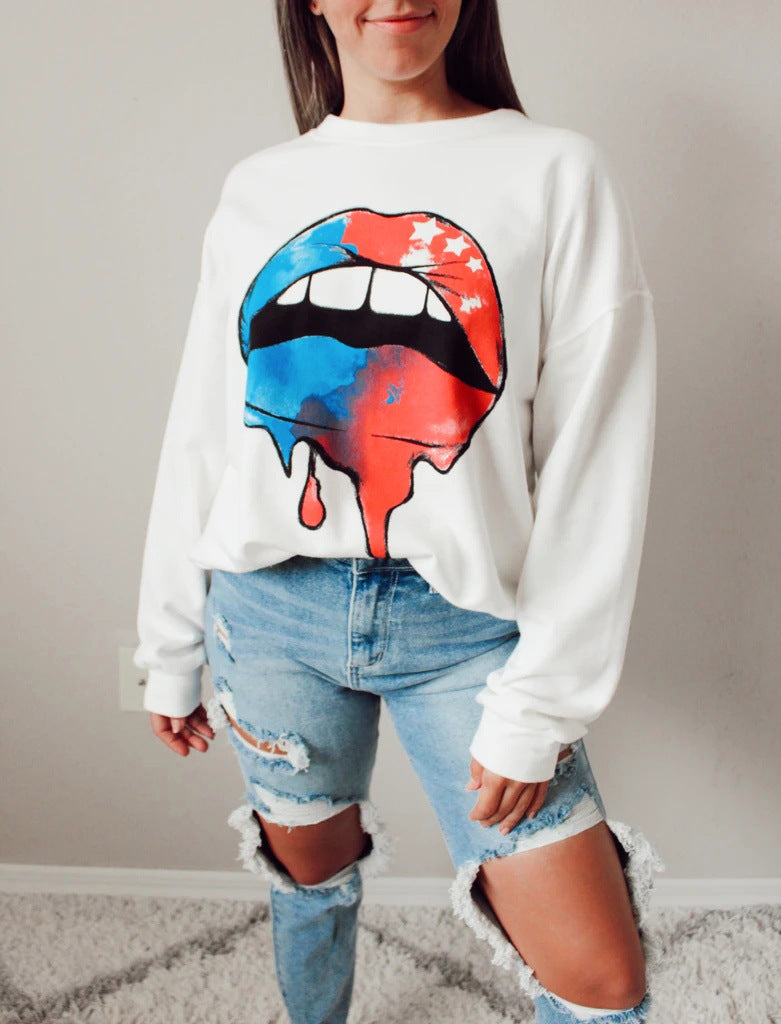 Chic Eyelash Lip Print Long Sleeve Loose Sweatshirt