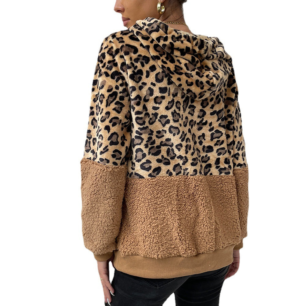 Cozy Leopard Patchwork Velvet Hoodie for Women