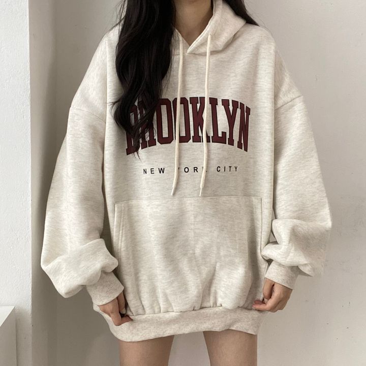 Women's Letter Print Hooded Mid-Length Loose Sweatshirt