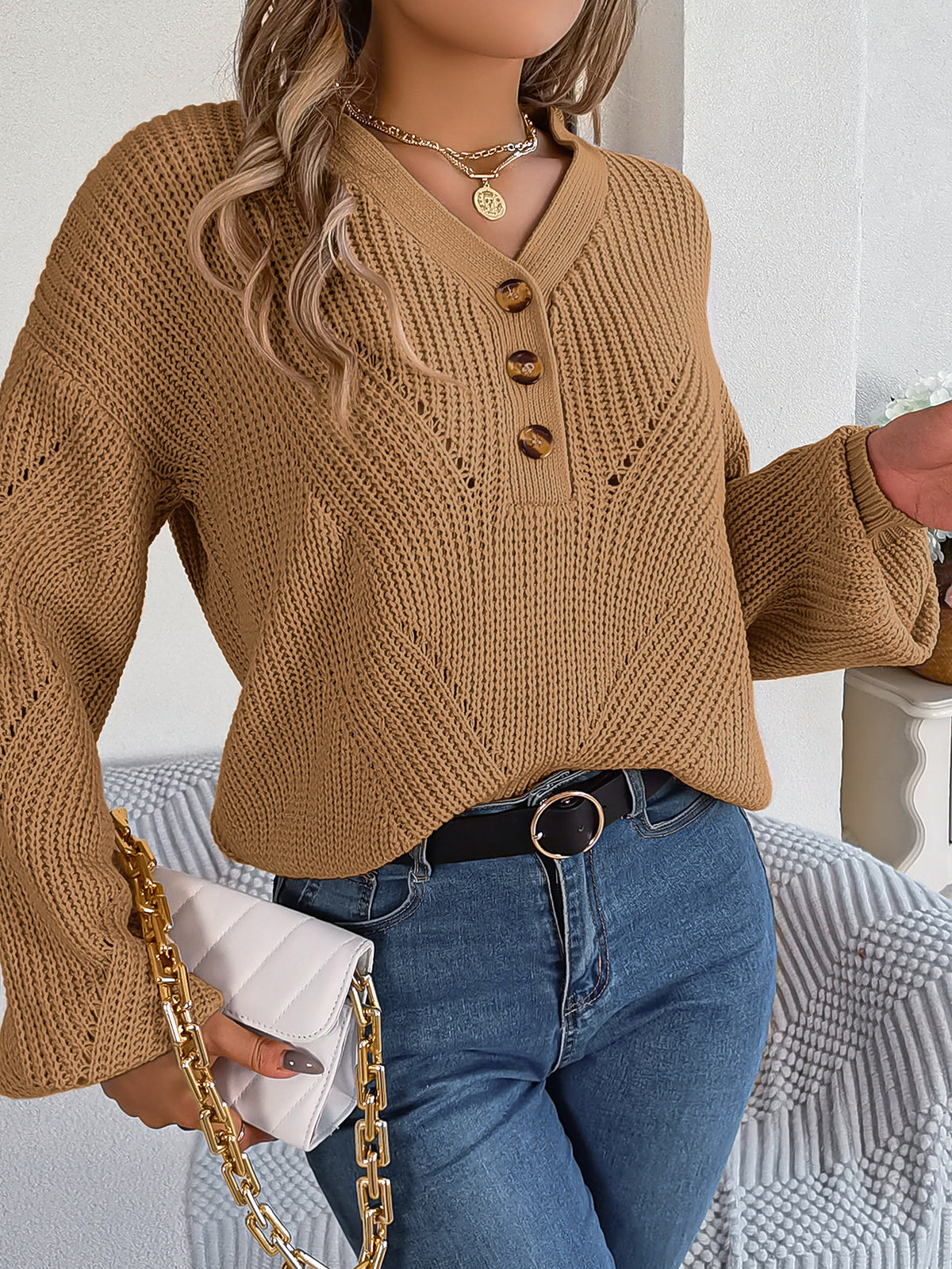 Women Hollow Out V-neck Button Lantern Sleeve Pullover Sweater