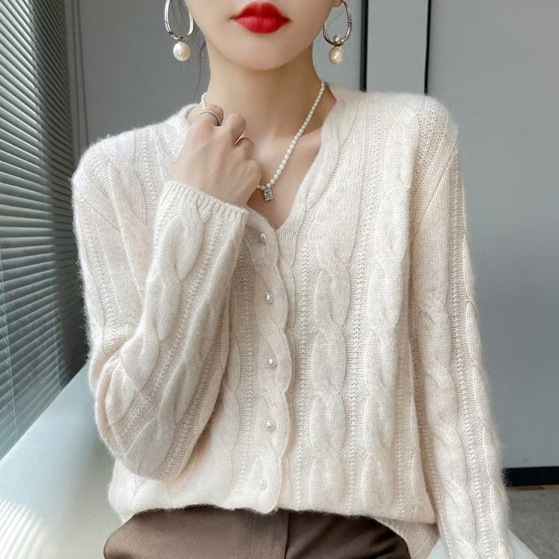 Twisted Pearl-button V-neck Outerwearlayering Top Knitted Sweater Jacket