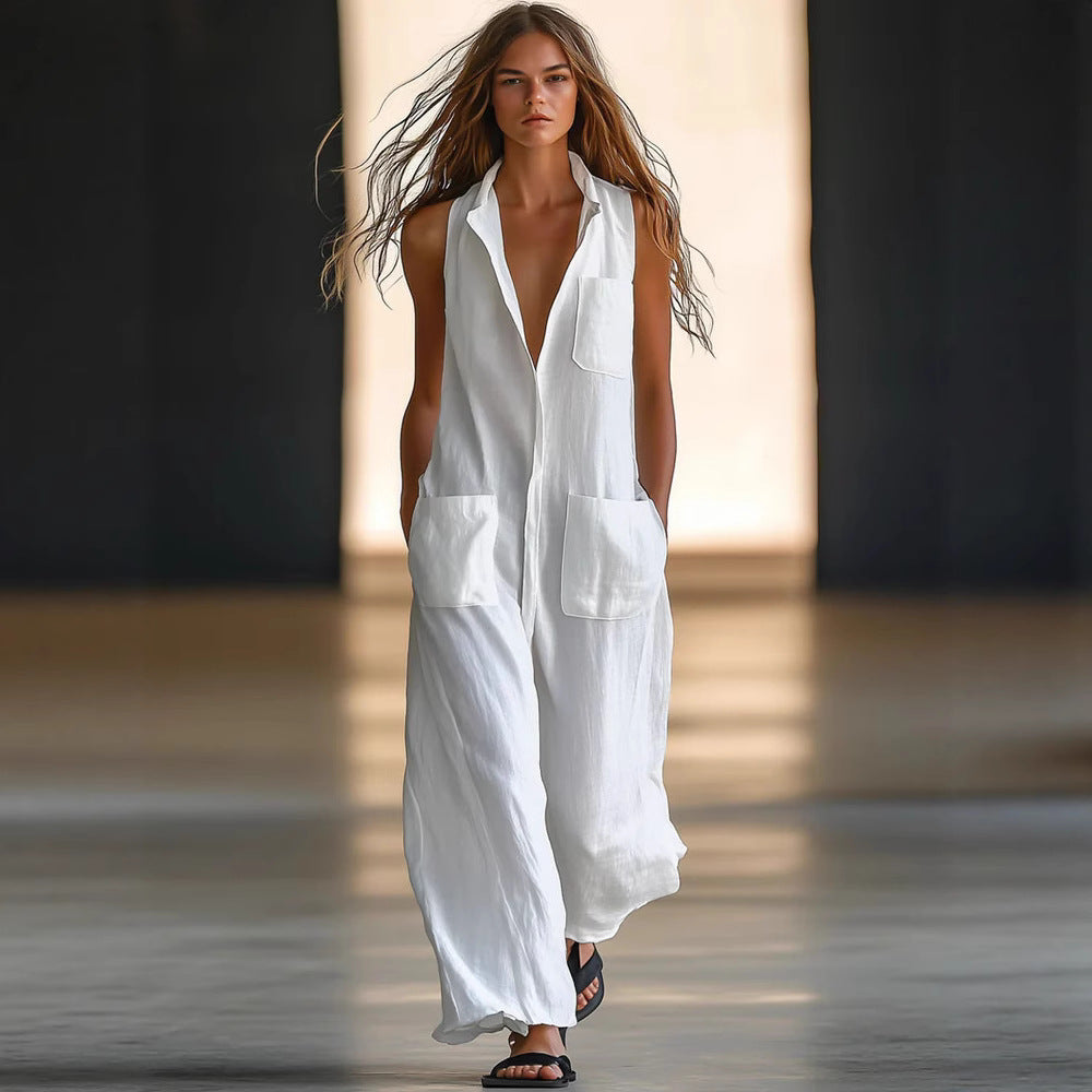Casual Loose-fit Sleeveless Single-breasted Wide-leg Pants