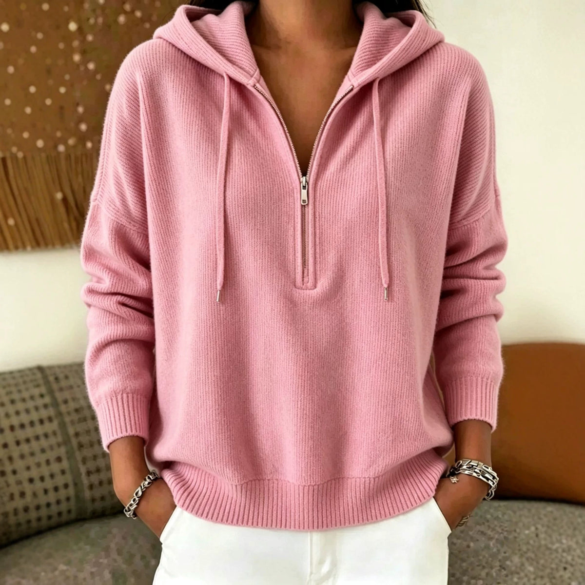 Womens Solid-color Loose-fit Sweater with Drawstring