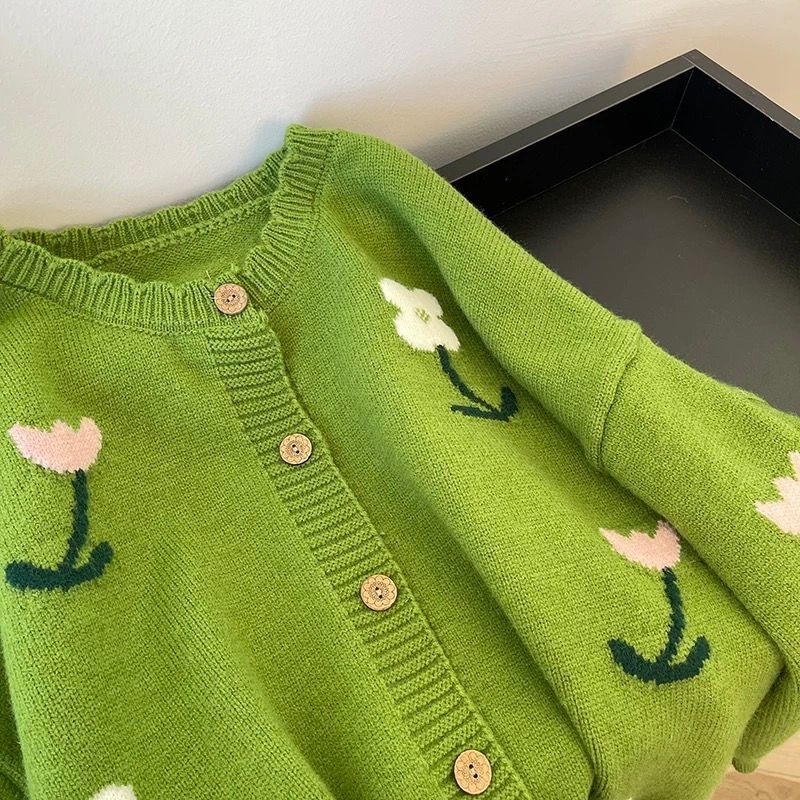 Womens Green Floral Sweater Coat Knitted Cardigan Top