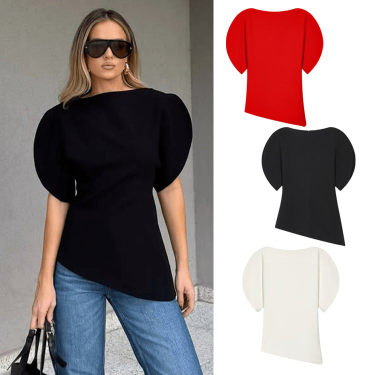 Slim-fit Crewneck Top With Puff Sleeves