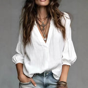 Womens Loose Casual V-Neck Three-Quarter Sleeve Shirt