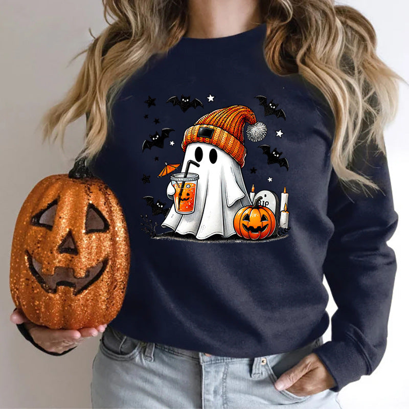 Women's Cute Halloween Ghost & Pumpkin Graphic Sweatshirt