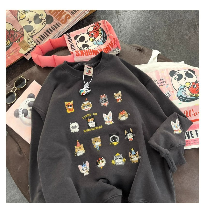 Cute Kitten Embroidered Loose Streetwear Sweater Coat