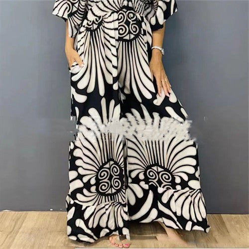 Plus Size V-Neck Printed High-Waist Jumpsuit