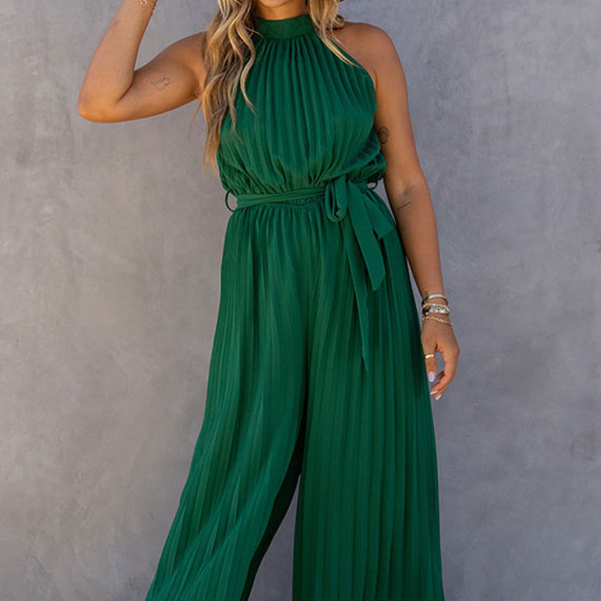 Off-Shoulder Halter Pleated Jumpsuit