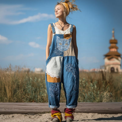 Women's Sweet Digital Print Button Suspender Casual Pants