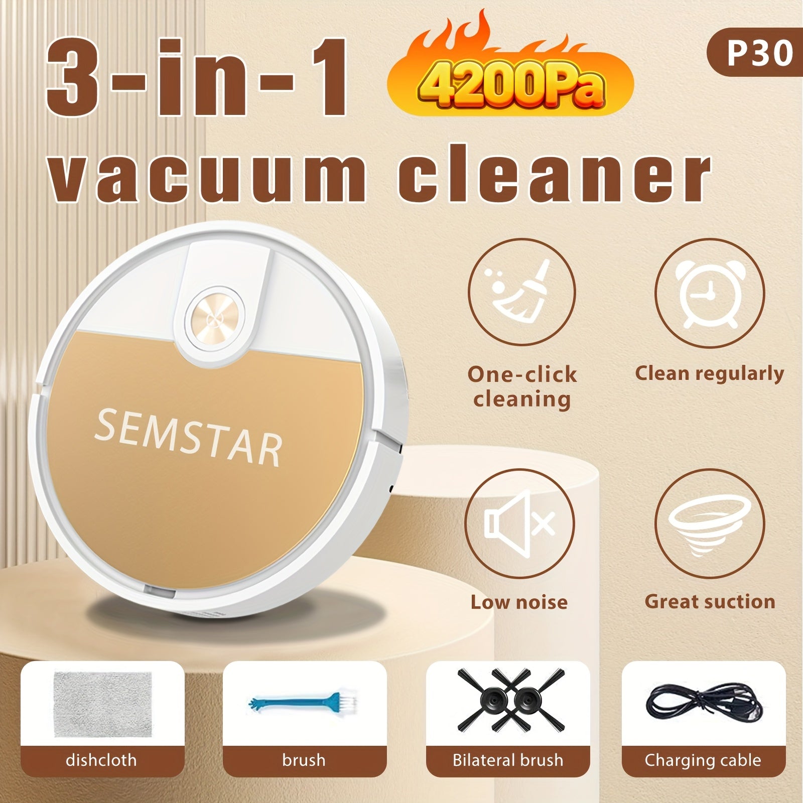 Robot Vacuum Cleaner, 3-in-1, Sweeping, Mopping, And Vacuuming All In One, 4, 000 Pa Powerful Suction, Up to 90mins Runtim, Low Noisesuitable for Hard Floors, Flatmarble Tiles And Wood Floor, Dorm...