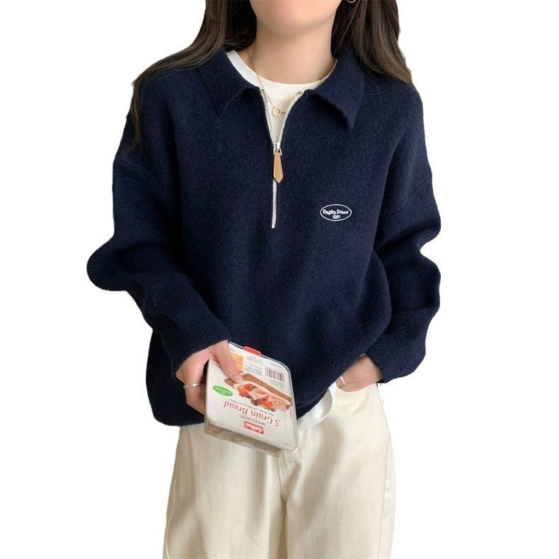 Korean Chic Polo Zipper Knit Sweater