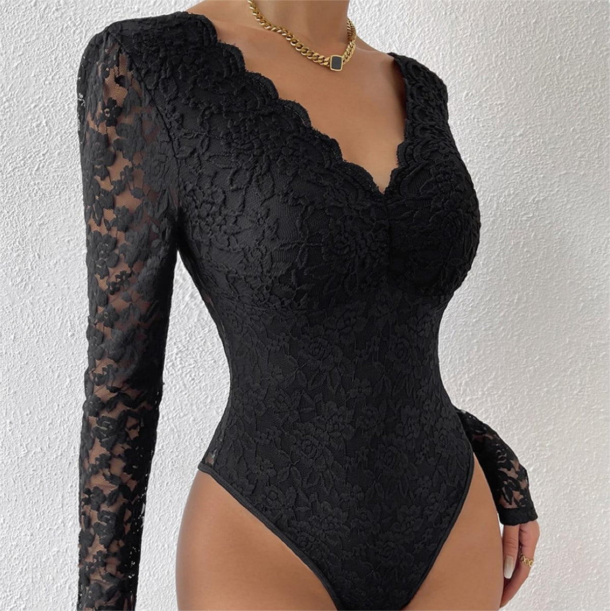 Lace Long Sleeve See-Through Slim Romper