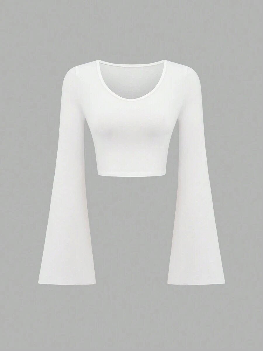 Slim-Fit Scoop Neck Bell Sleeve Crop Top
