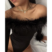 Furry Off-Shoulder Long-Sleeve Jumpsuit