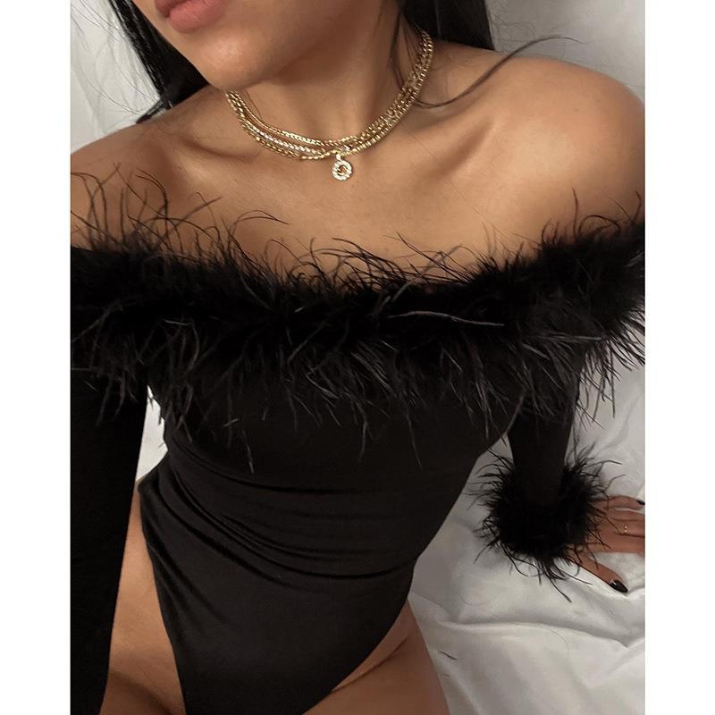 Furry Off-Shoulder Long-Sleeve Jumpsuit