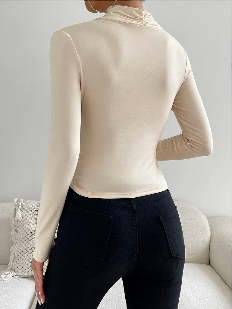 Cross Collar Pleated Slim Long Sleeve Top