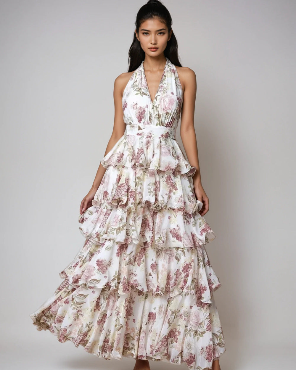 Womens V-neck Strap Multi-layer Printed Dress