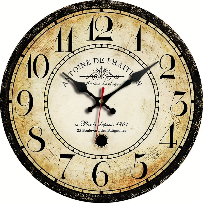 JFHT French Vintage Roman Numeral Wall Clock - Large Beige & Distressed Wood Face, Black Hands, Parisian (Montmartre/Notre-Dame) - Rustic Farmhouse Decor, French Text Label, Home Office Gift, Functional Timepiece
