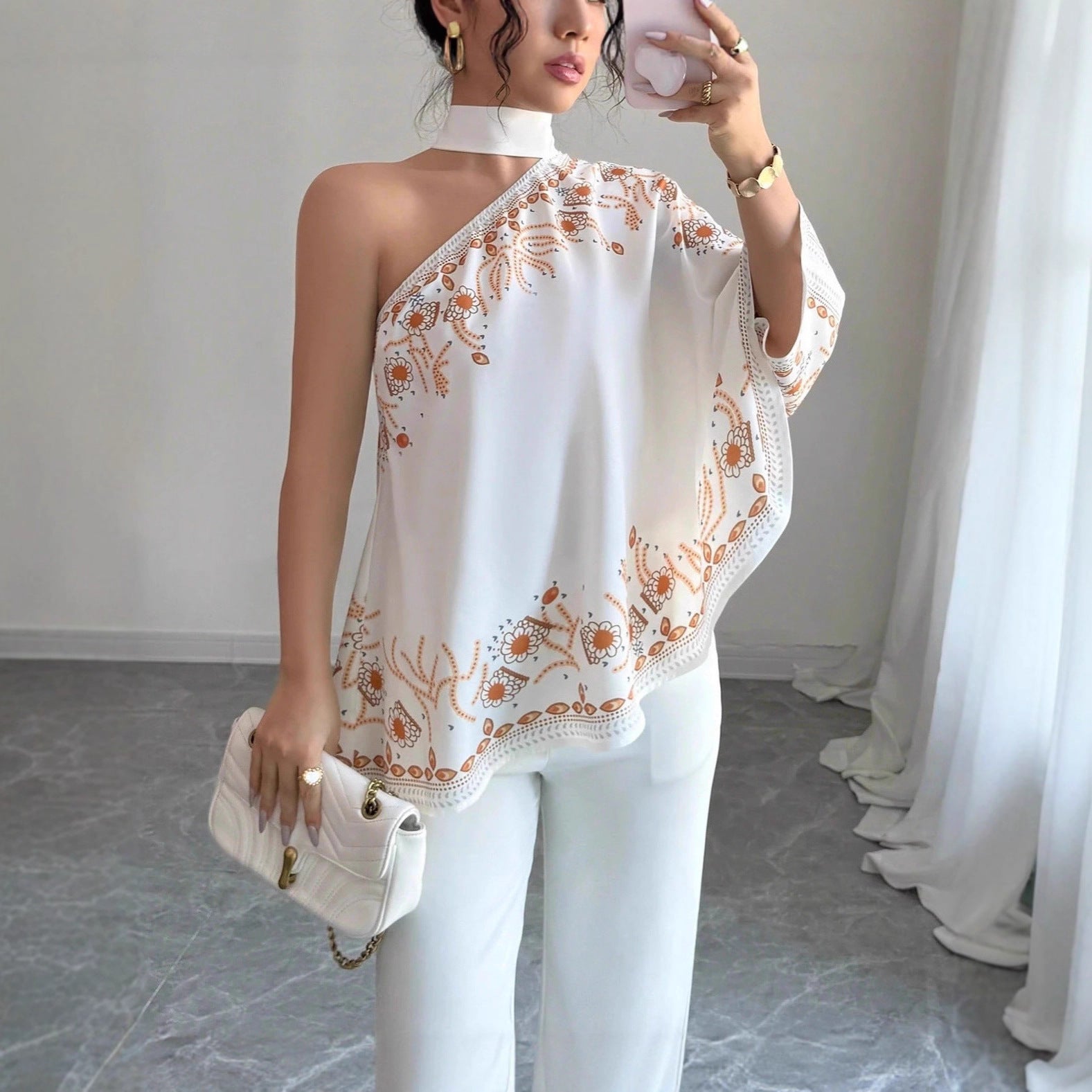 Elegant Off‑Shoulder Halter Top with 3D Print – Women’s Retro Style