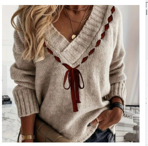 Women's V-neck Loose Soft Glutinous Lazy Style Long Sleeve Sweater