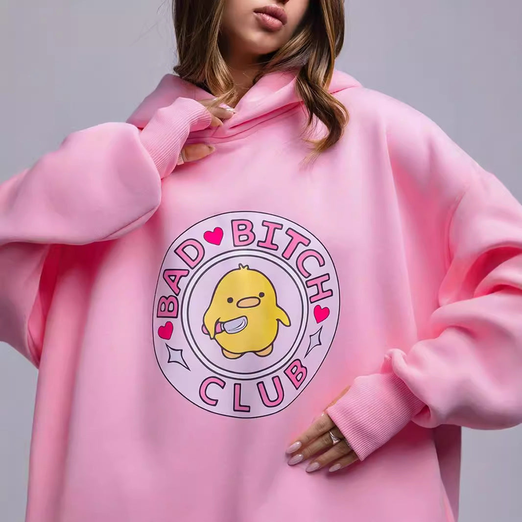 Cute Yellow Duck Print Oversized Cotton Hoodie