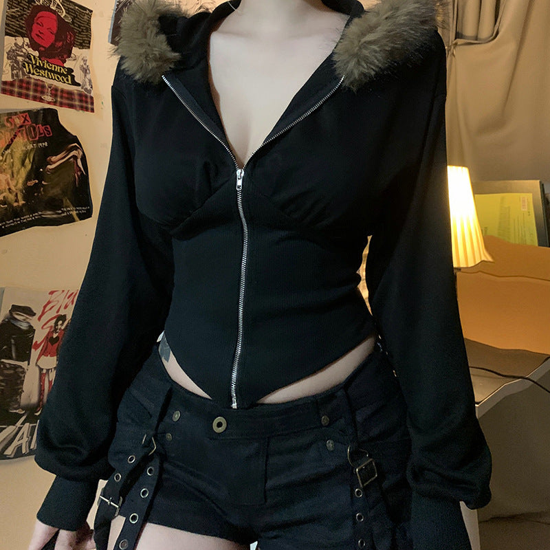 Women's Fur Collar Hooded Cardigan Sweater