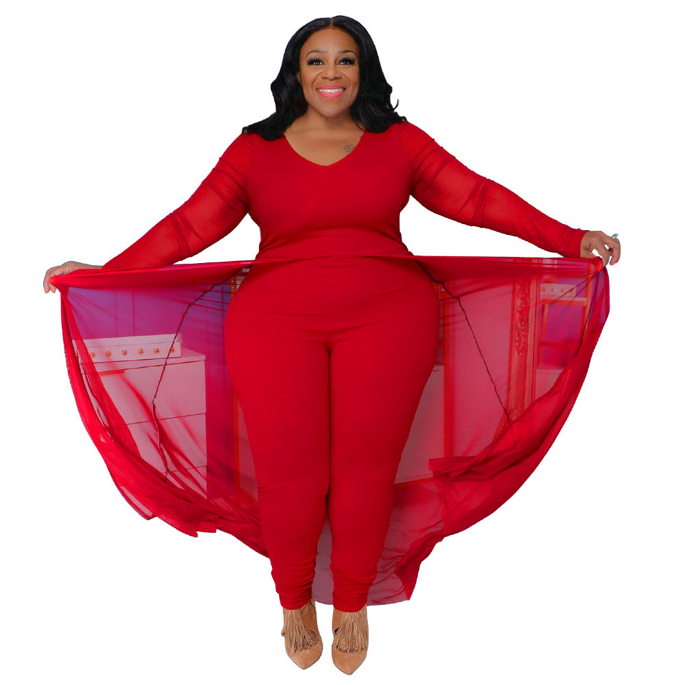 Women's Plus Size Stretch Long Sleeve Pocket Jumpsuit