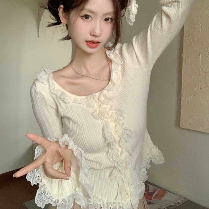 Women's Lace Patchwork Black Fungus Edge Knitted Cardigan Jacket