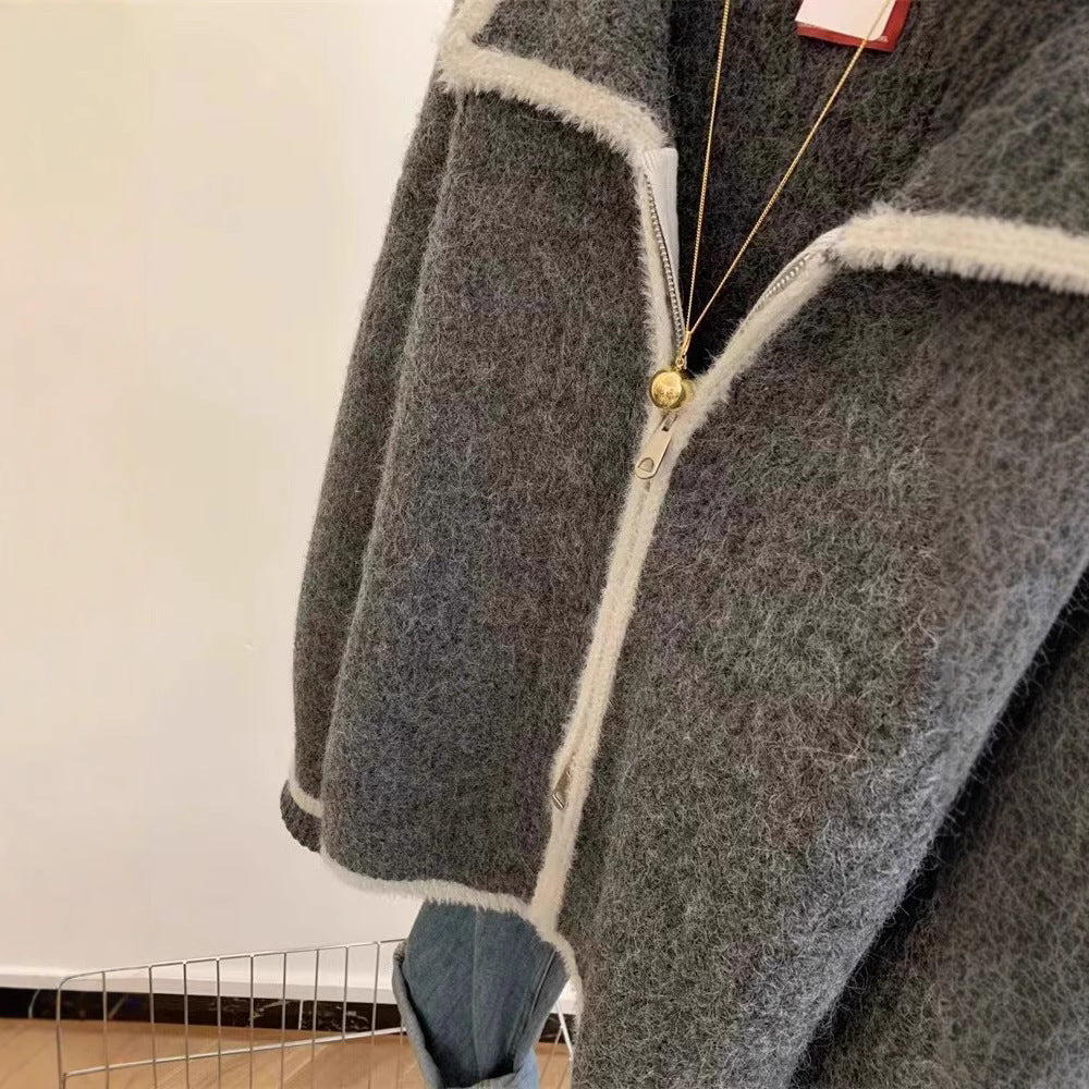 Gray Raccoon Fur Collar Coat Sweater