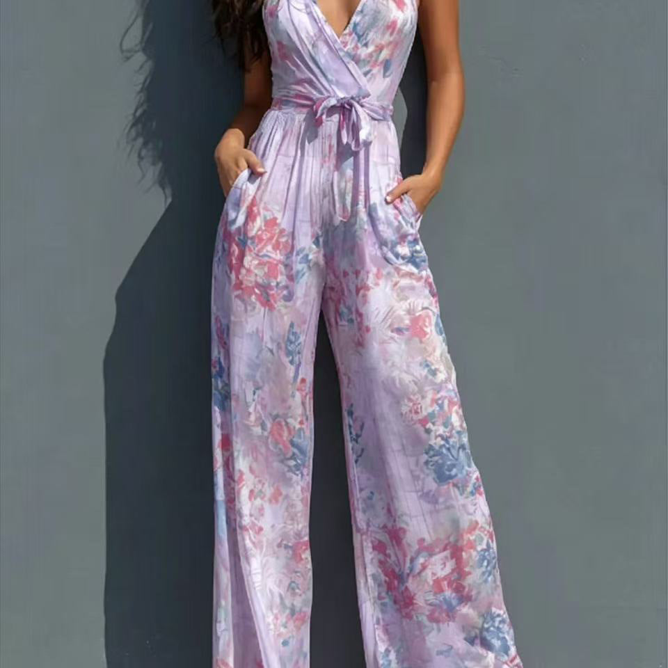 Women's Halter Deep-V Floral Wide-Leg Jumpsuit