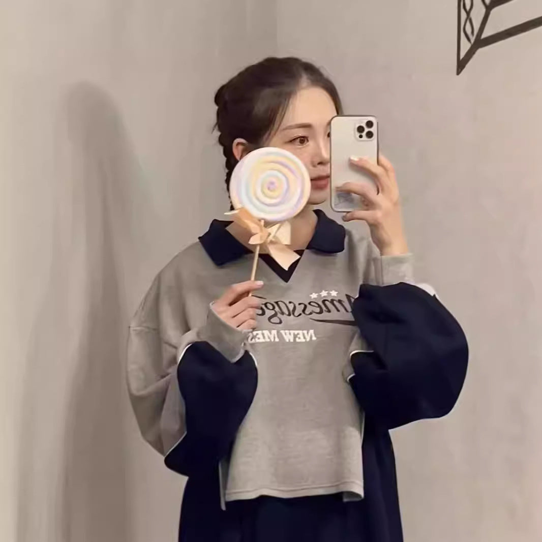 Retro American Letter Stitched Lapel Couple Sweater