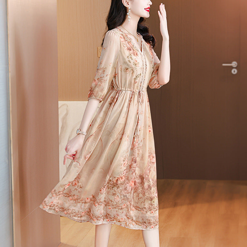 Elegant French Floral Tea-Length Dress
