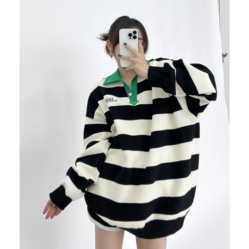 Men's Striped Embroidered Lapel Sweatshirt Pullover