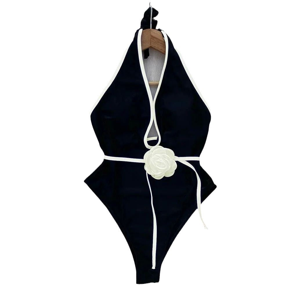 Chic Lace Floral One-Piece Slimming Halter Swimsuit