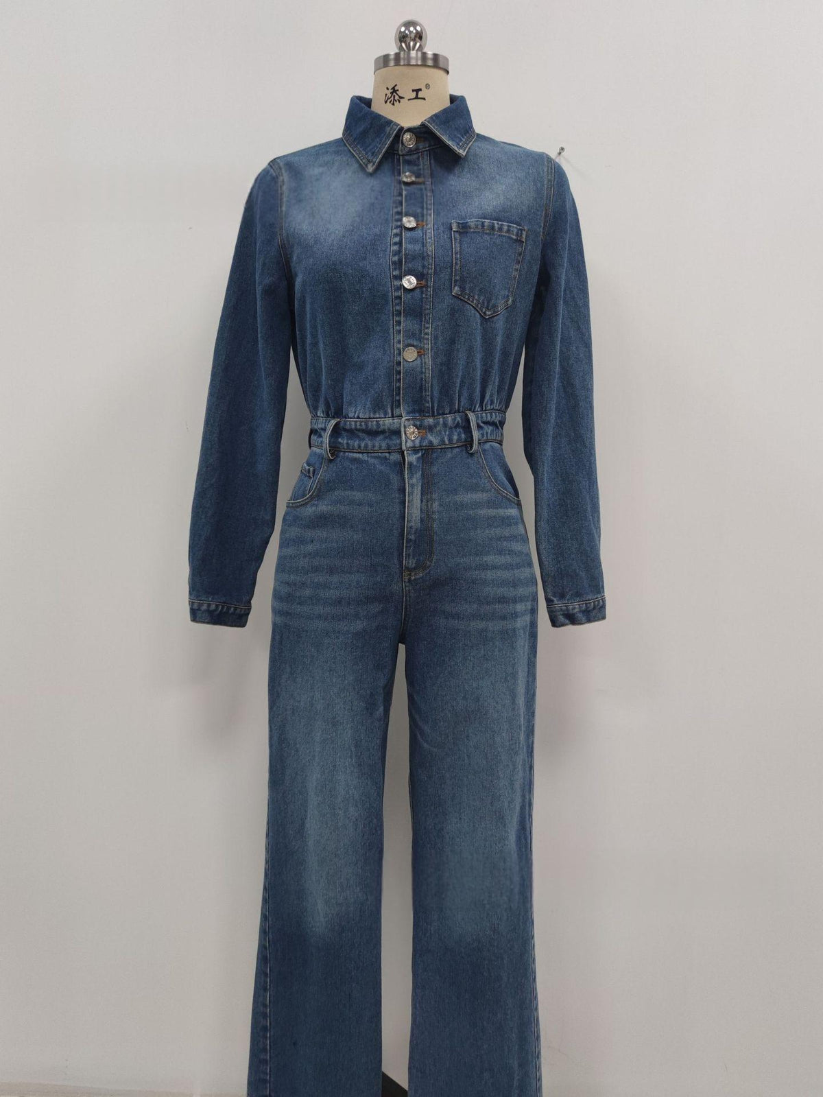 Women's Stylish Denim Long Jumpsuit with Turn-Down Collar