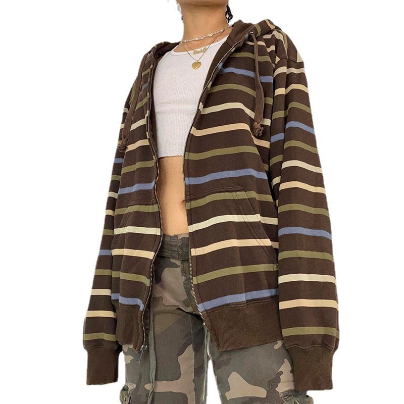 Chic Striped Loose Hooded Sweater for Women