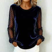Women's Round-Neck Lace-Panel Long-Sleeve Velvet T-Shirt