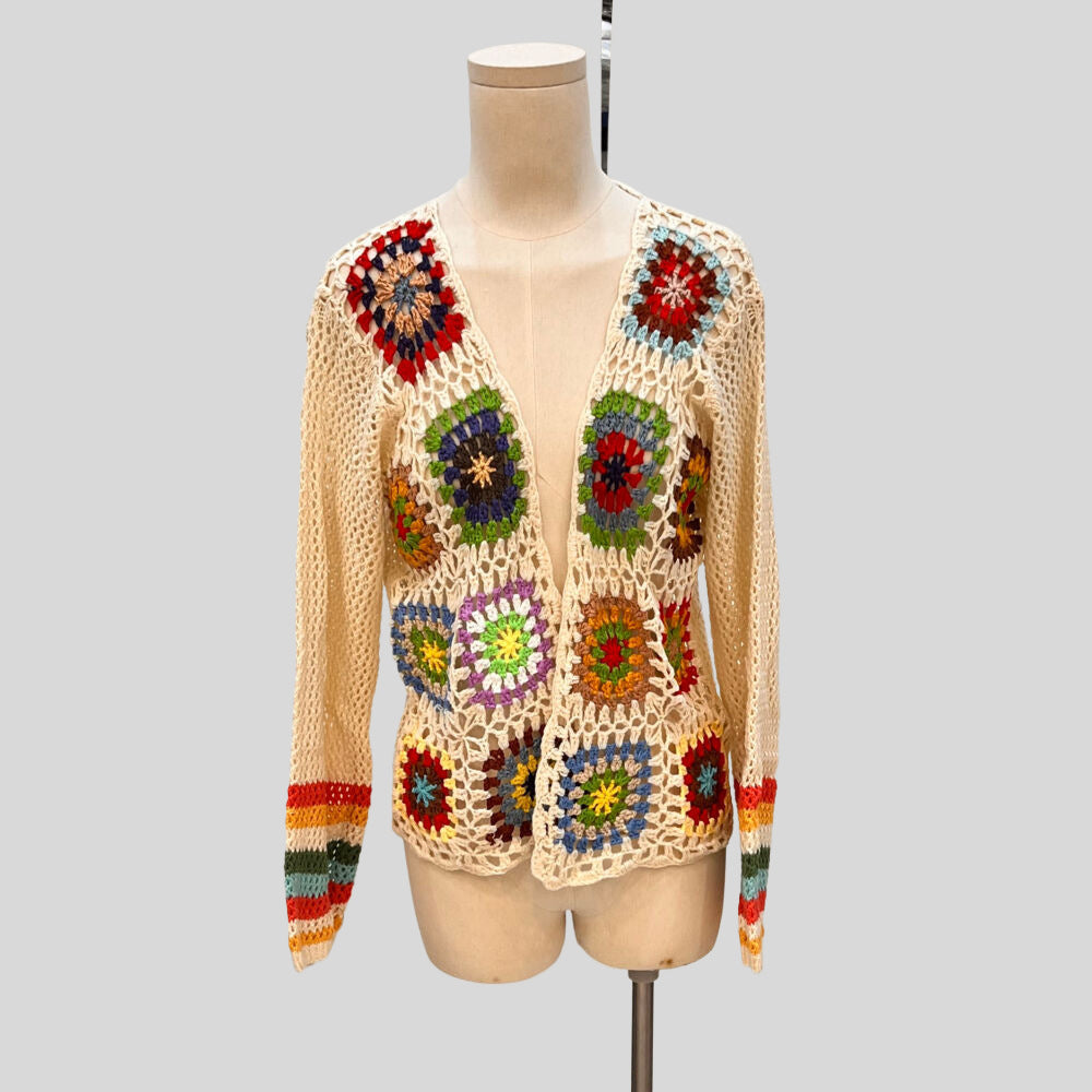 Hand-crocheted Floral Sweater with Random Color Blocks