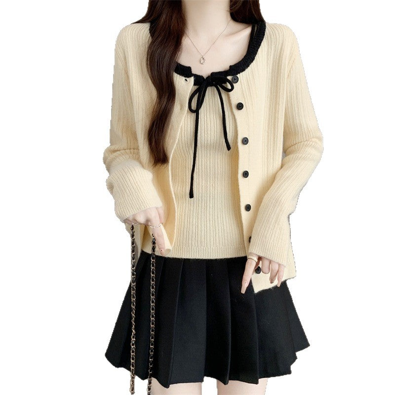 College Style Knitted Cardigan with Suspenders Women's Sweater
