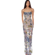 Embroidered Beaded Floral Strapless Dress for Women