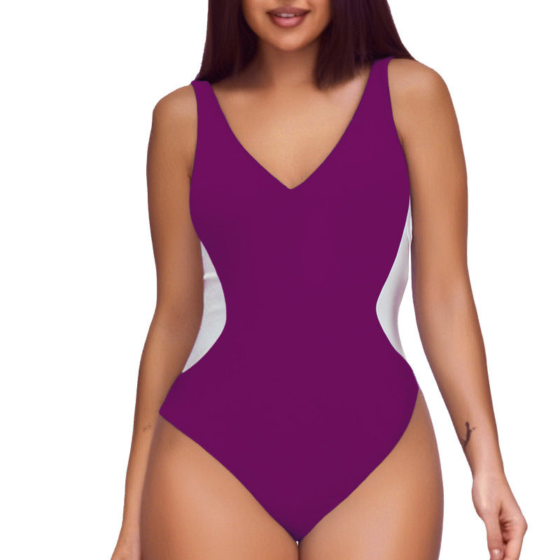 Women's One-piece Deep V Contrast Color Swimsuit
