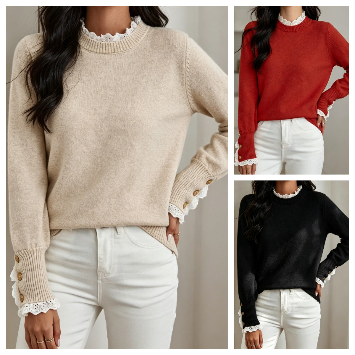Spring and Autumn French Lace Round Neck Knitted Shirt for Women Cross Border Amazon Button Splicing Cuff Base Sweater for Women