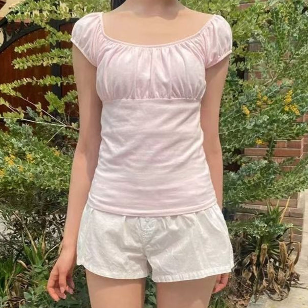 Flirty Pink Puff Sleeve Top – Short Sleeve, Cotton, One Size