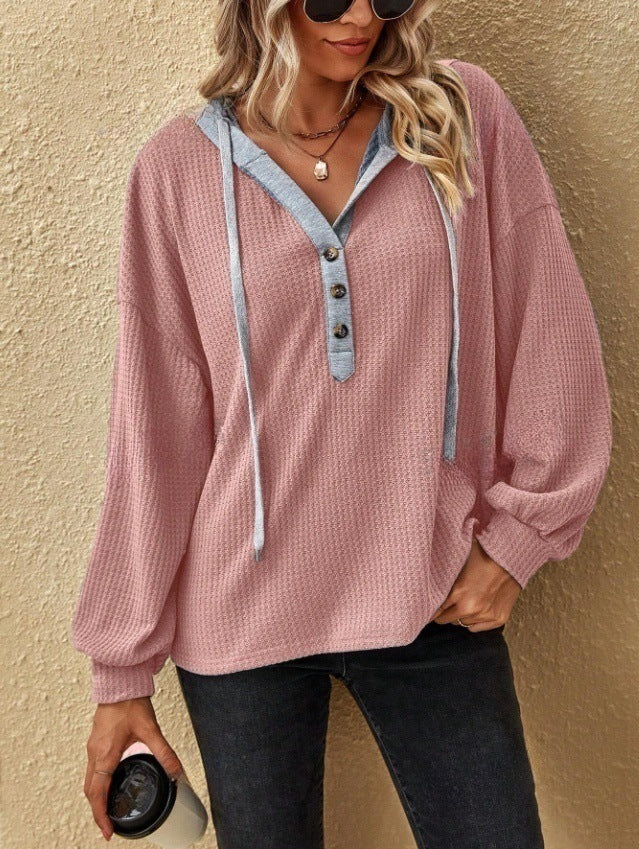 Women's Casual Button Hooded Waffle Knit Sweater