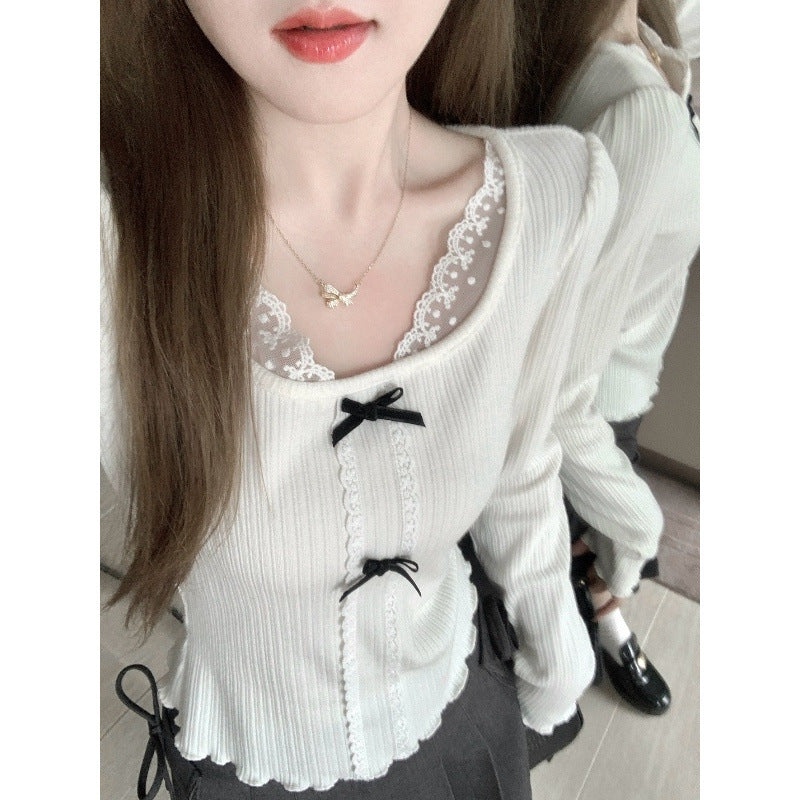 Bow Lace Stitching Long Sleeve T-shirt Women's Bottoming Top