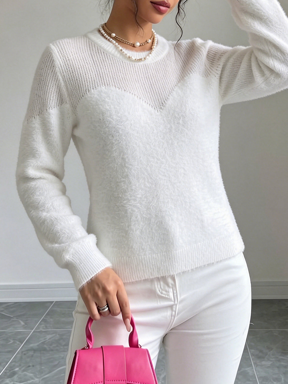 Womens Long-sleeve Knitted Sweater with a Round Neckline and a Full-circle Cutout Design Around the Chest