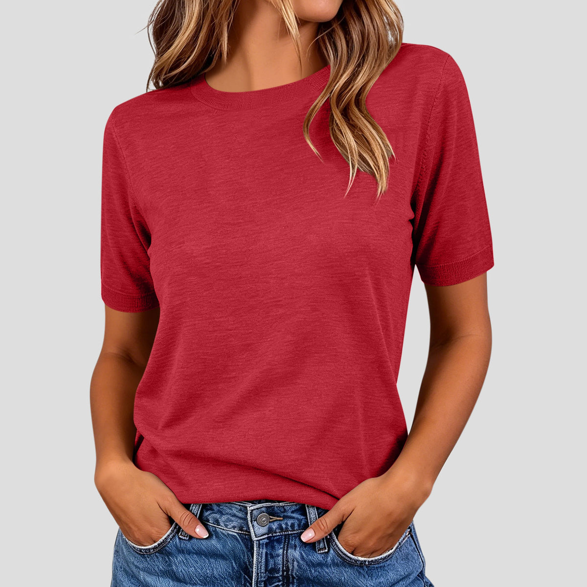 Women's Summer Lightweight Knit Short Sleeve T-shirt Solid Crewneck Loose Regular Fit Casual Versatile Top Sweater