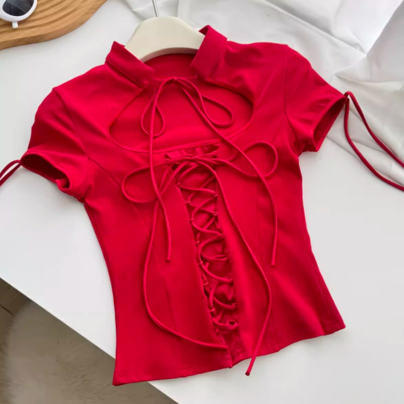 Red Flirty Bandage Crop Top – Short Sleeve, Summer Bodycon T-Shirt